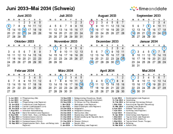 Kalender für 2033 in Schweiz