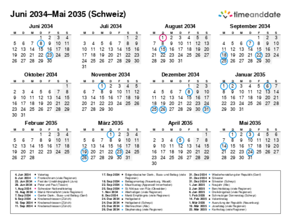Kalender für 2034 in Schweiz