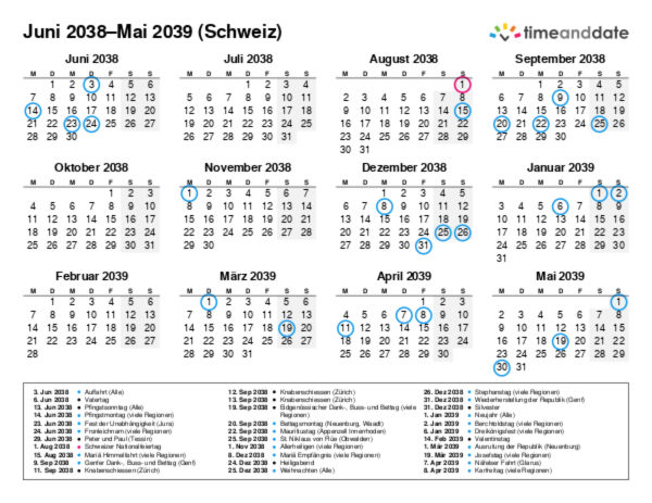 Kalender für 2038 in Schweiz