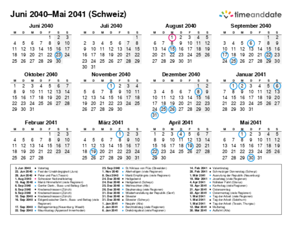 Kalender für 2040 in Schweiz