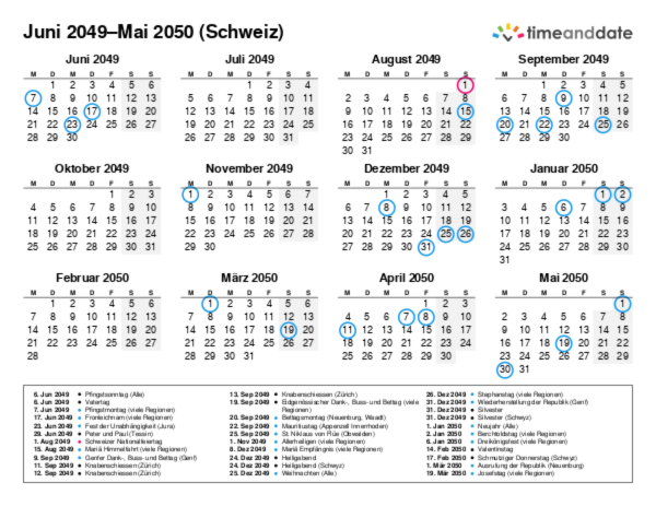 Kalender für 2049 in Schweiz