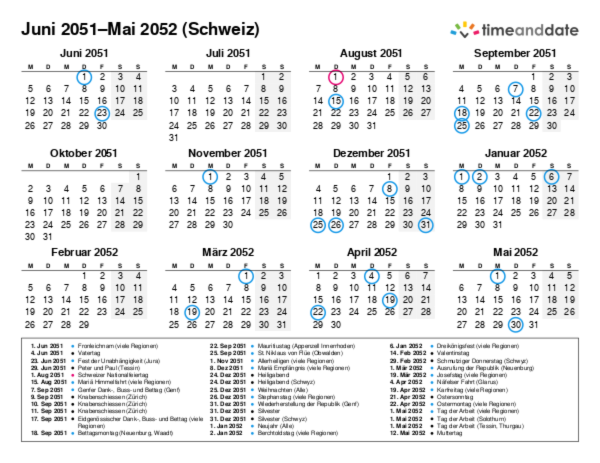 Kalender für 2051 in Schweiz