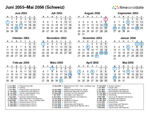 Kalender für 2055 in Schweiz