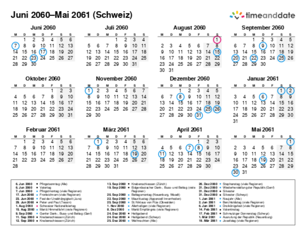 Kalender für 2060 in Schweiz