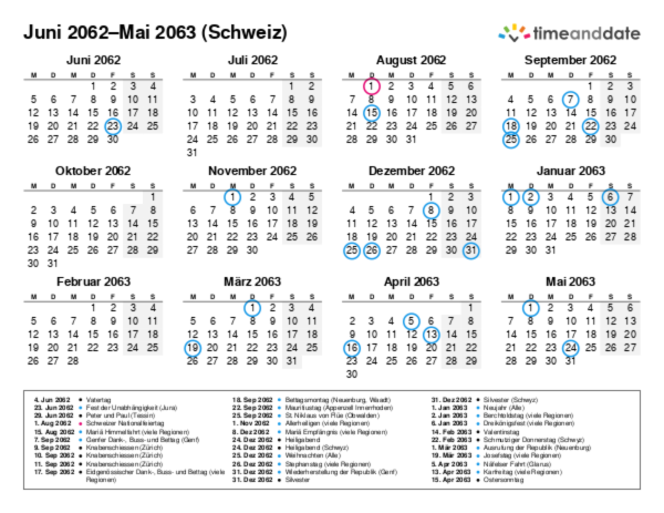Kalender für 2062 in Schweiz