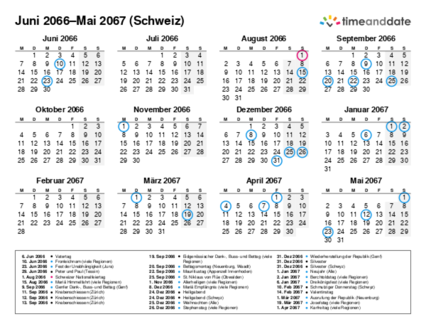 Kalender für 2066 in Schweiz