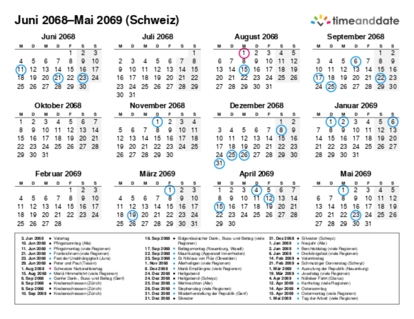 Kalender für 2068 in Schweiz