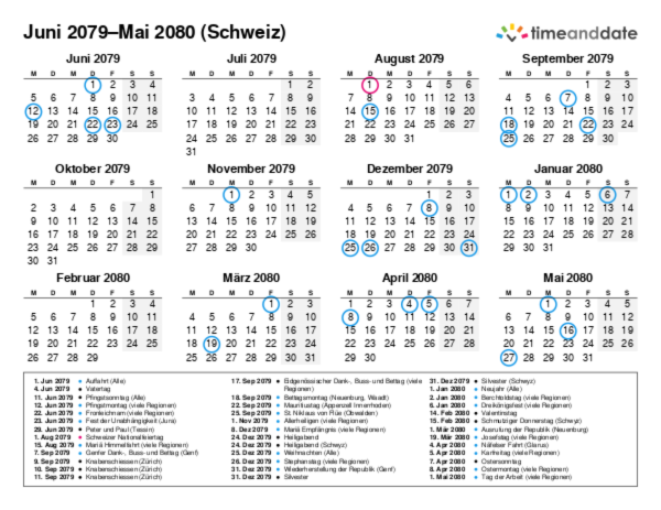 Kalender für 2079 in Schweiz