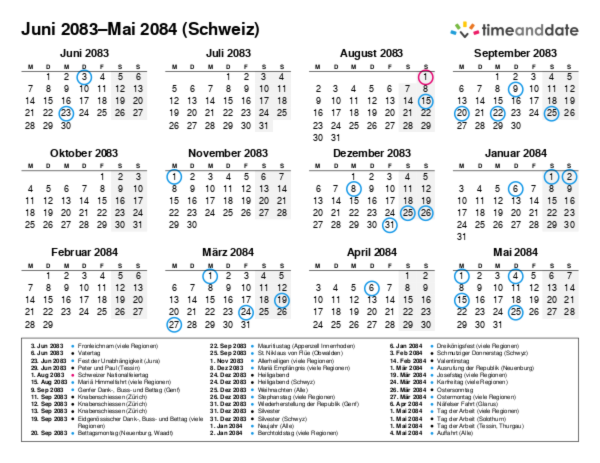 Kalender für 2083 in Schweiz