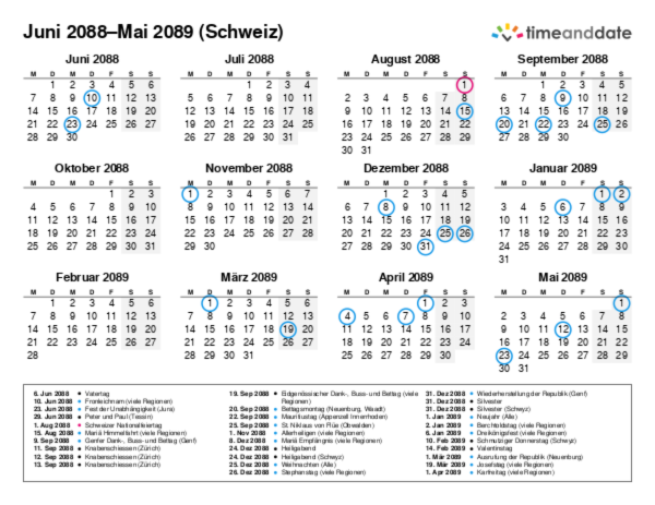 Kalender für 2088 in Schweiz
