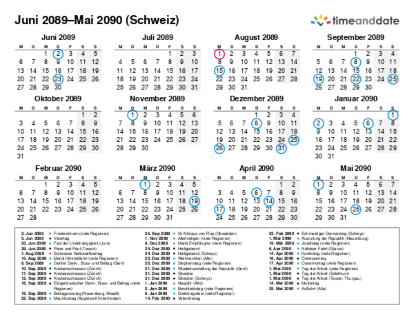 Kalender für 2089 in Schweiz