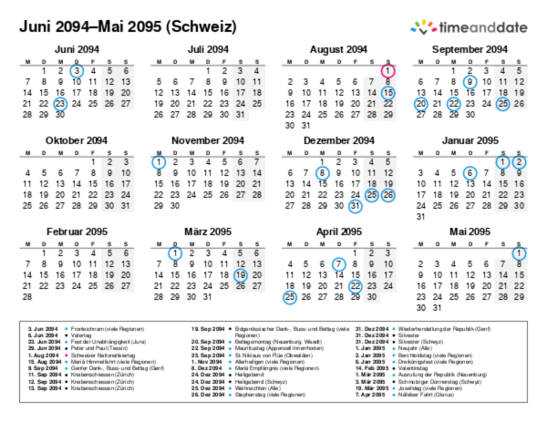 Kalender für 2094 in Schweiz