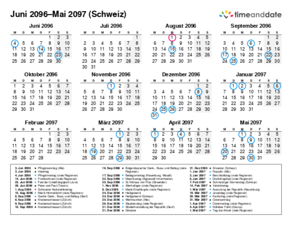 Kalender für 2096 in Schweiz