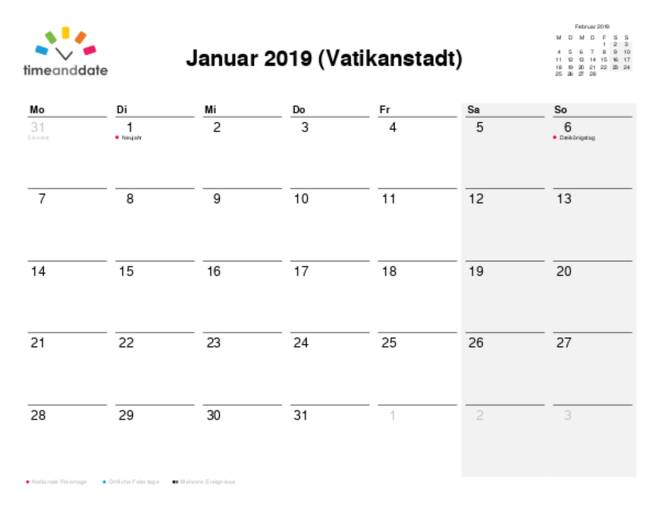 Kalender für 2019 in Vatikanstadt