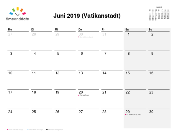 Kalender für 2019 in Vatikanstadt