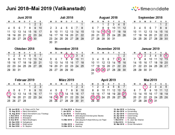 Kalender für 2018 in Vatikanstadt