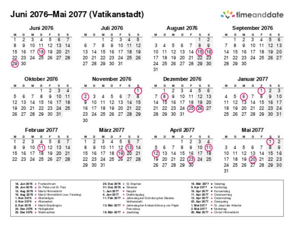 Kalender für 2076 in Vatikanstadt