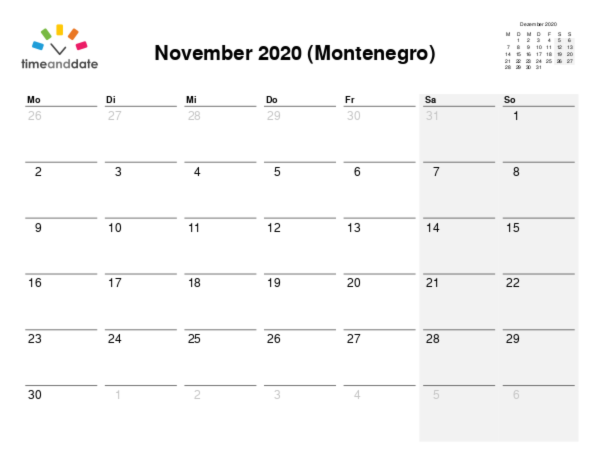 Kalender für 2020 in Montenegro