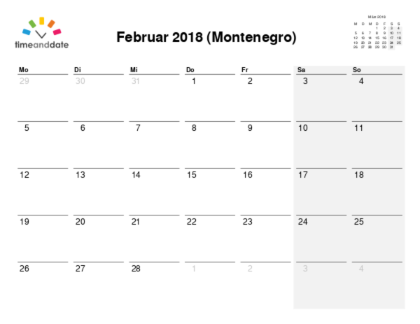 Kalender für 2018 in Montenegro