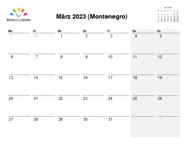 Kalender für 2023 in Montenegro