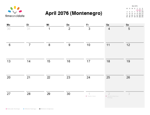Kalender für 2076 in Montenegro