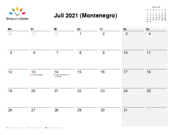 Kalender für 2021 in Montenegro