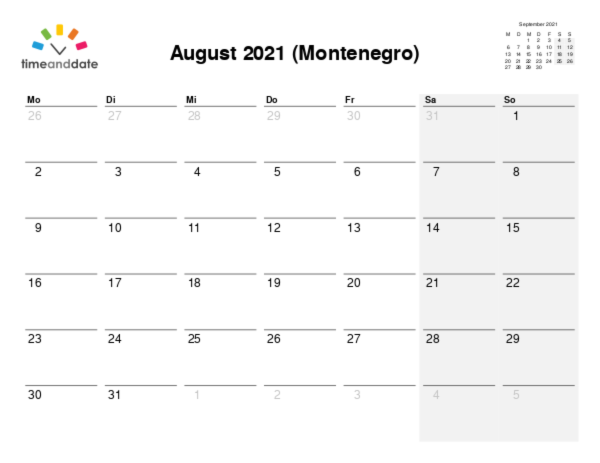 Kalender für 2021 in Montenegro