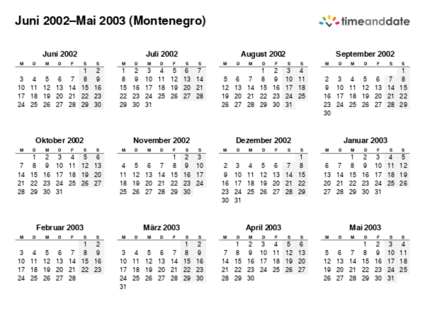 Kalender für 2002 in Montenegro