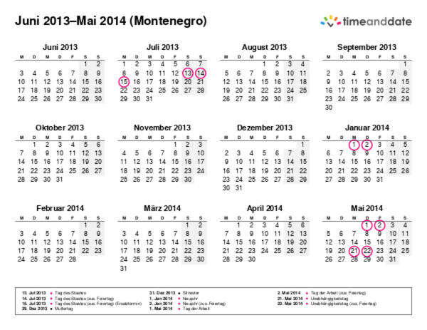 Kalender für 2013 in Montenegro