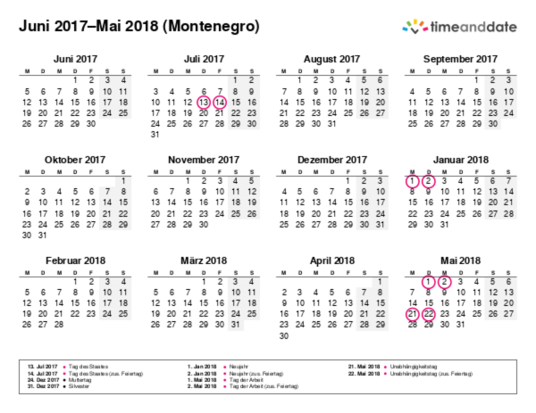 Kalender für 2017 in Montenegro