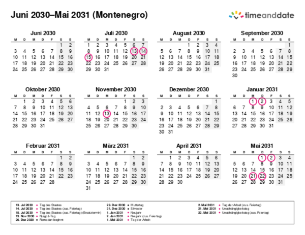 Kalender für 2030 in Montenegro