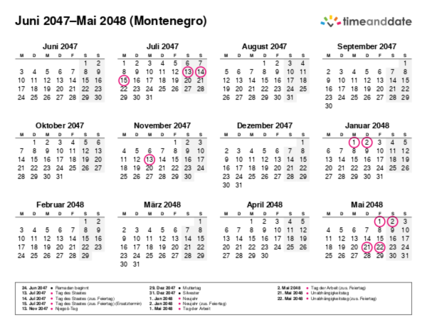 Kalender für 2047 in Montenegro
