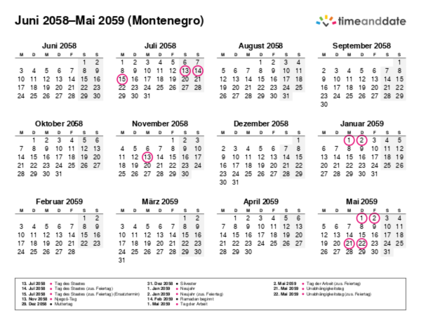 Kalender für 2058 in Montenegro