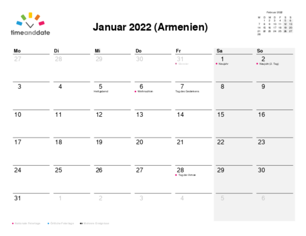 Kalender für 2022 in Armenien