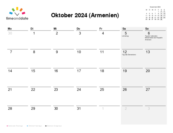 Kalender für 2024 in Armenien