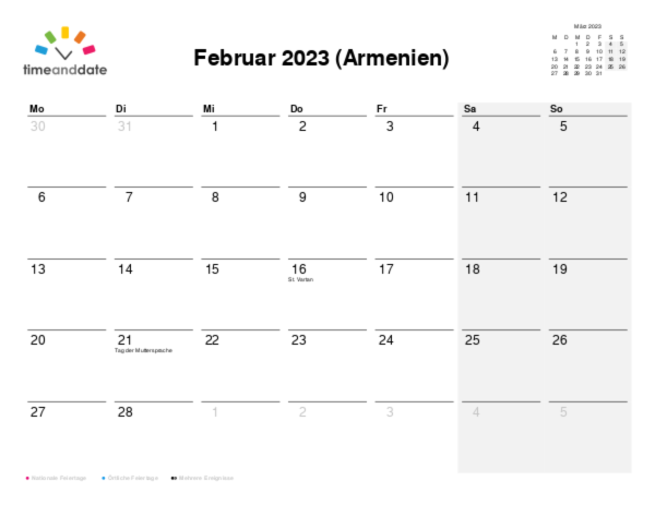 Kalender für 2023 in Armenien