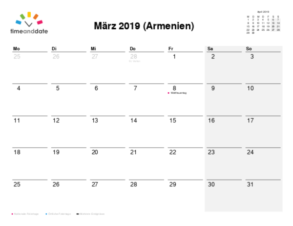 Kalender für 2019 in Armenien