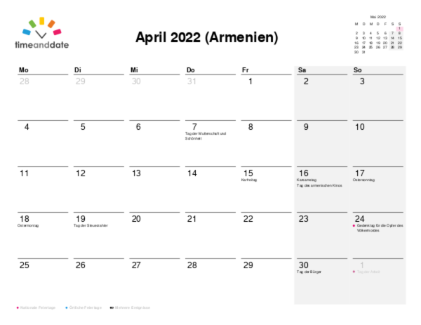 Kalender für 2022 in Armenien