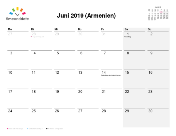 Kalender für 2019 in Armenien