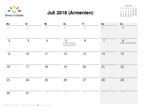 Kalender für 2018 in Armenien