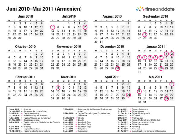 Kalender für 2010 in Armenien
