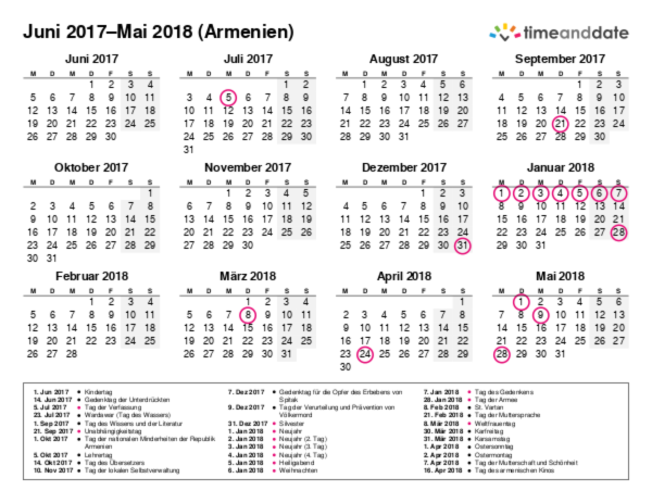 Kalender für 2017 in Armenien