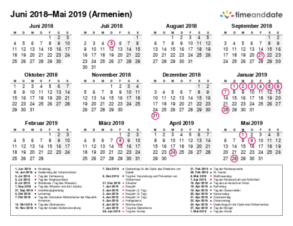 Kalender für 2018 in Armenien