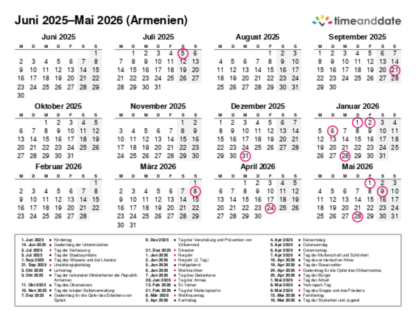 Kalender für 2025 in Armenien