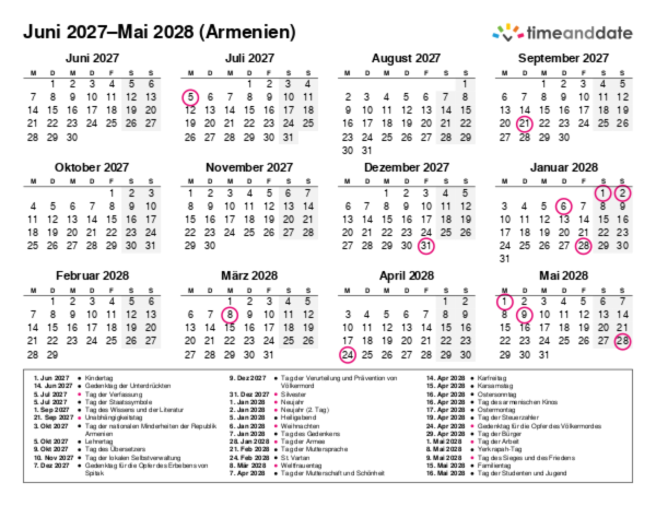 Kalender für 2027 in Armenien