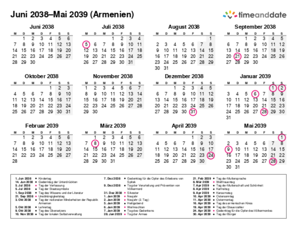 Kalender für 2038 in Armenien