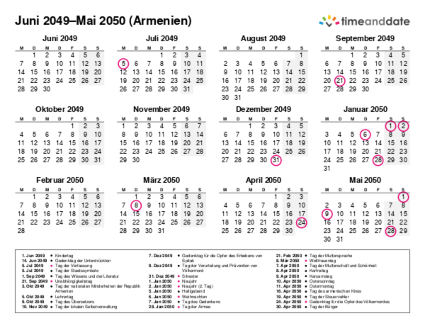 Kalender für 2049 in Armenien
