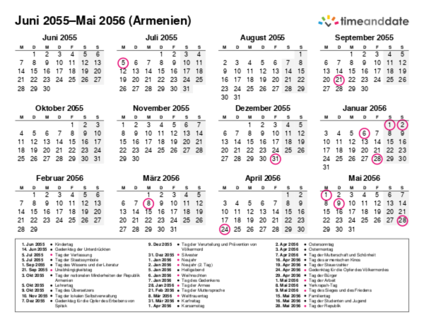 Kalender für 2055 in Armenien