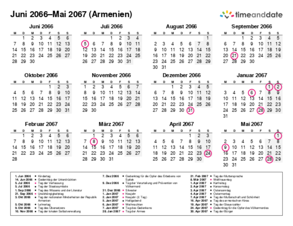 Kalender für 2066 in Armenien