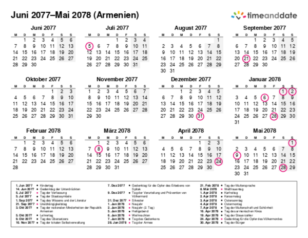 Kalender für 2077 in Armenien